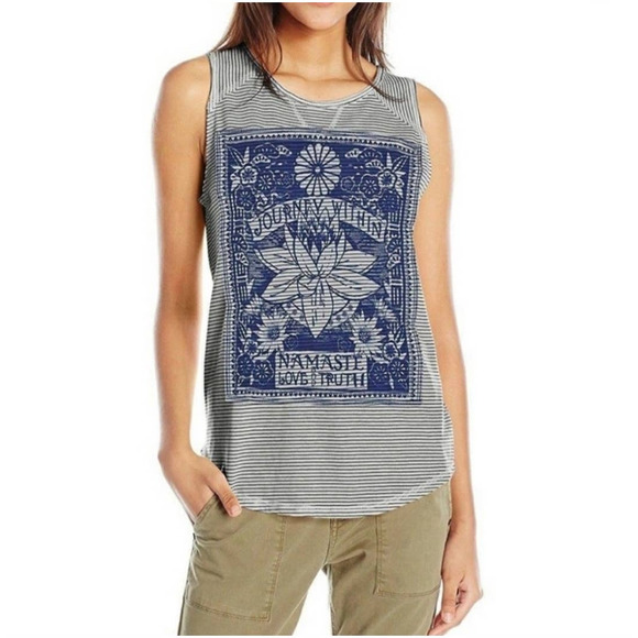 Lucky Brand Tops - Lucky Brand Navy White Pin Stripe Namaste Lotus Tank Top